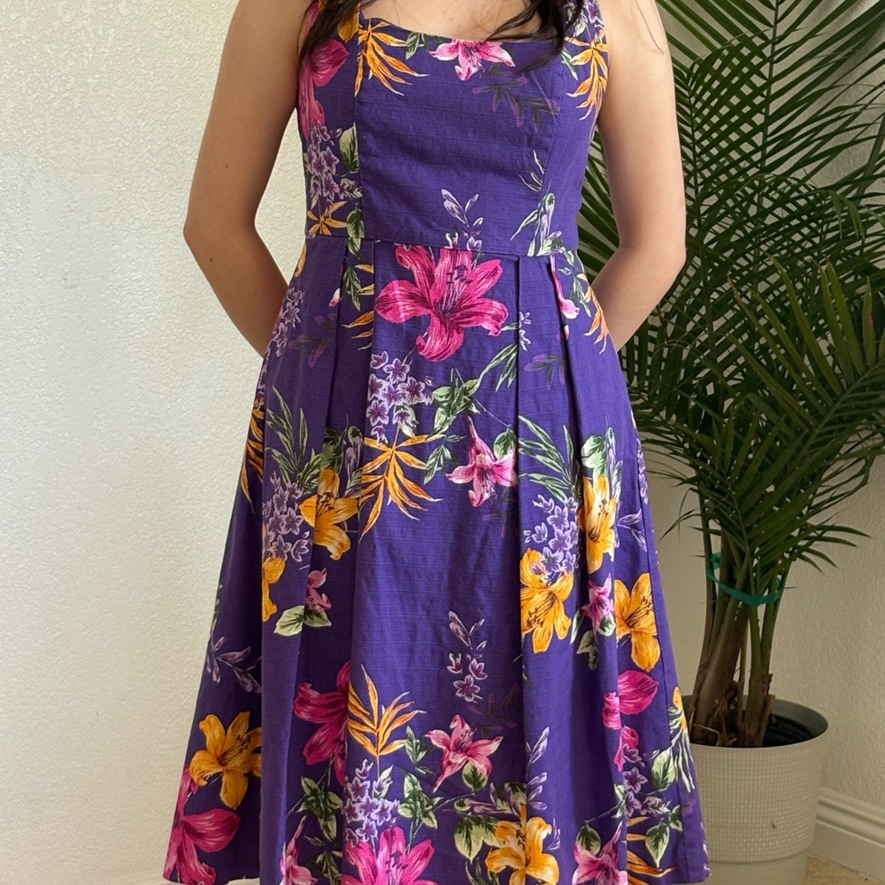 Evan Picone Pink and Yellow A-Line Midi Dress Sweetheart Neckline